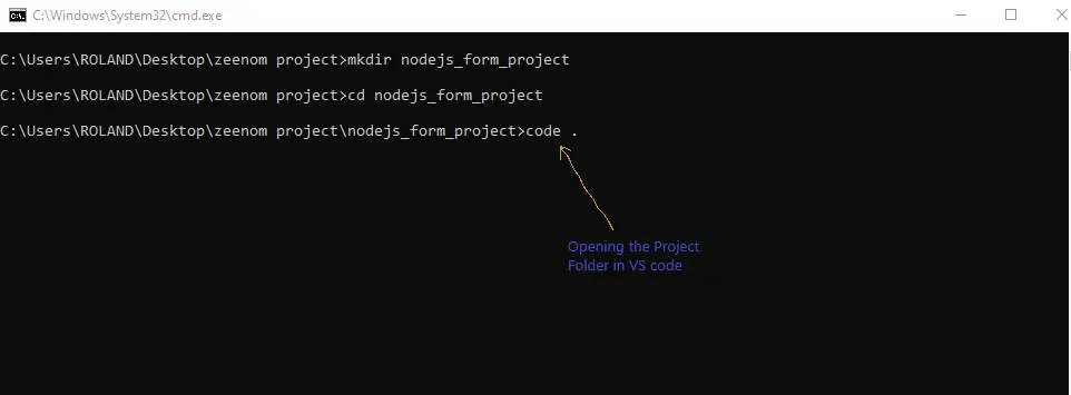 An image showing how to open vs code from command prompt