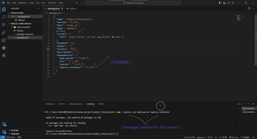 An image showing how to install packages using npm. Packages installed are express.js, ejs, express-validator