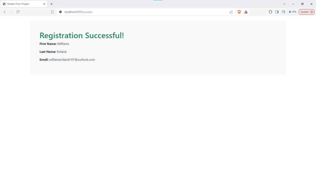 An image showing a html success page upon registeration