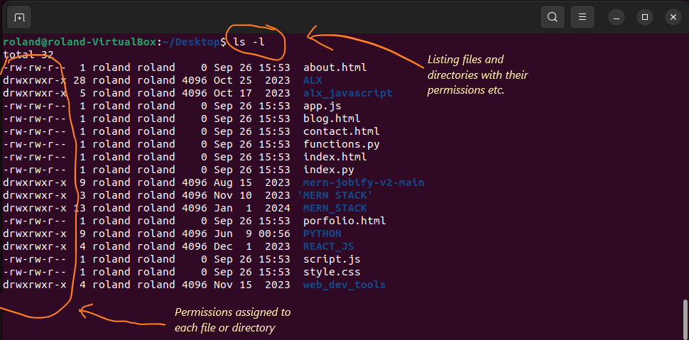 Linux file system commands: ls -l 